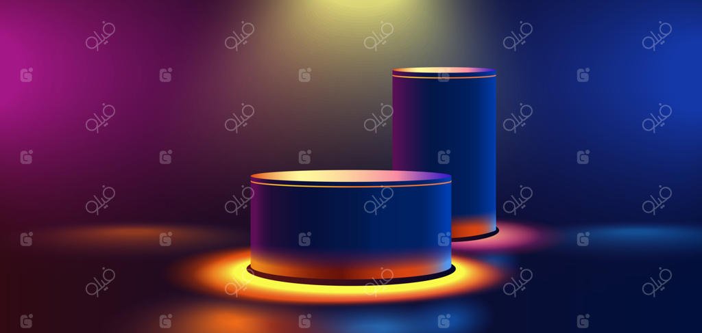 سکوی استوانه‌ای آبی تیره در فضای انتزاعی و علمی-تخیلی با نور نئونی منحنی؛ پس‌زمینه سه‌بعدی وکتور برای موکاپ نمایش محصول
