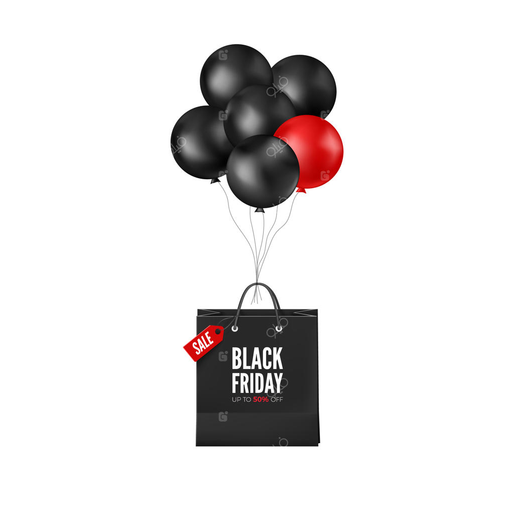 پوستر جمعه سیاه با تخفیف ویژه. بادکنک‌های سیاه و قرمز همراه با کیسه خرید. طراحی بنر وب.