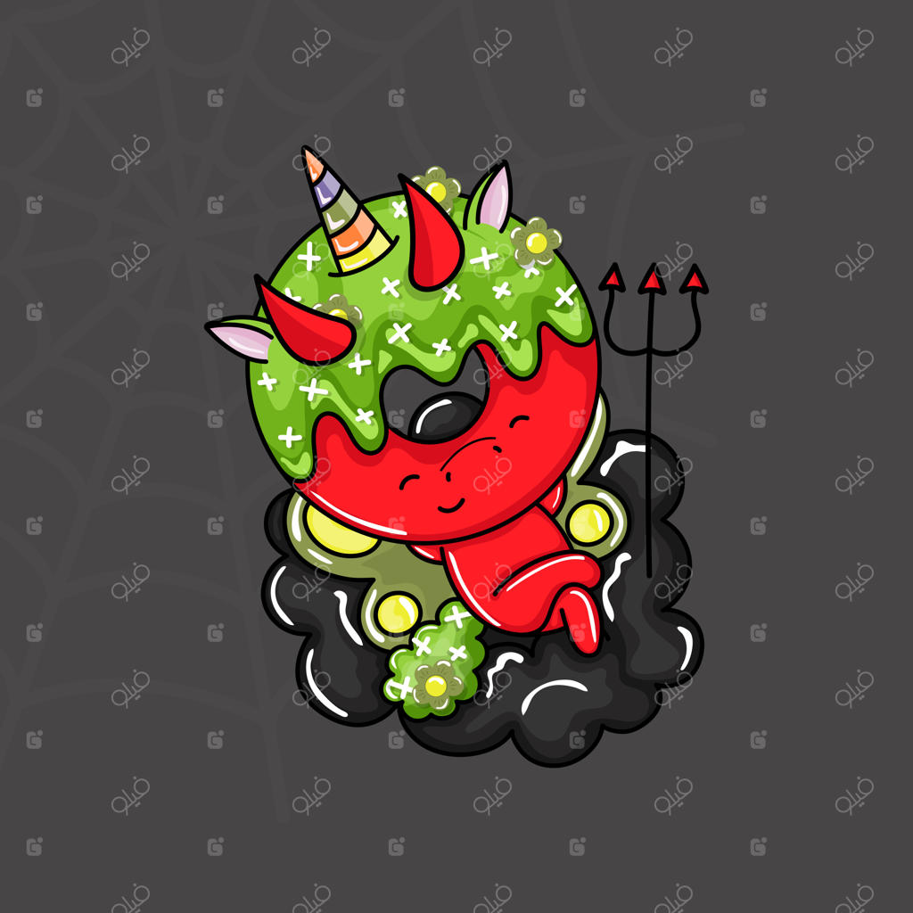 تصویرسازی یونیکورن دونات هالووین بامزه برای رنگ‌آمیزی و صفحه رنگ‌آمیزی کودکان. یونیکورن هالووین کارتونی.