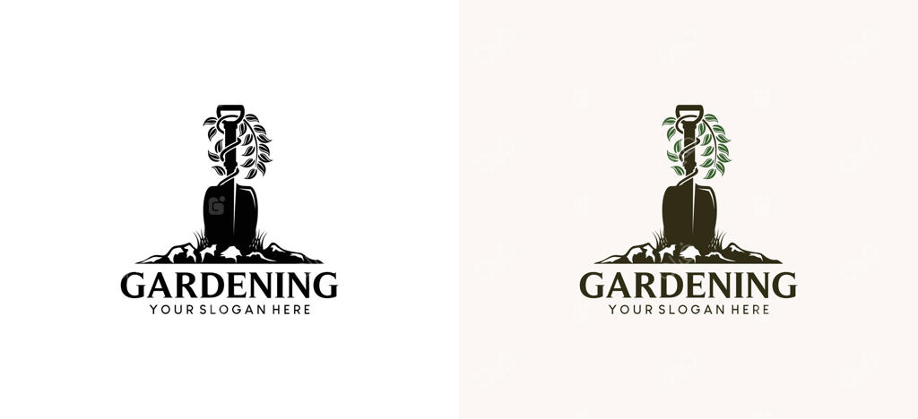 طراحی ابزار باغبانی و گیاهان، لوگوی باغبانی با بیل باغ که در زمین فرو رفته است