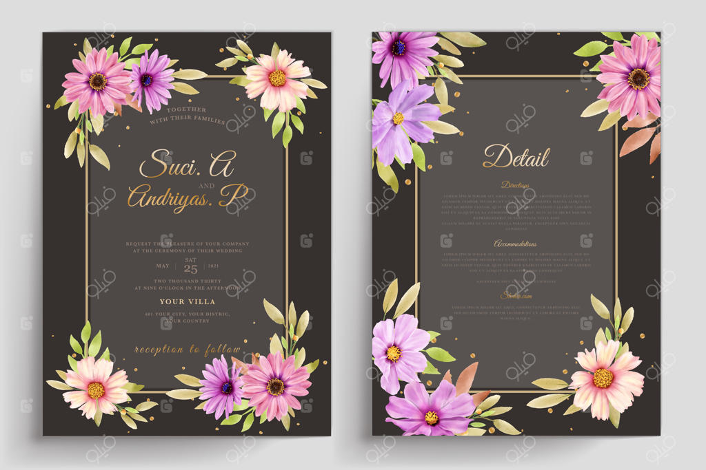 دعوتنامه عروسی با طرح آبرنگ گل داوودی