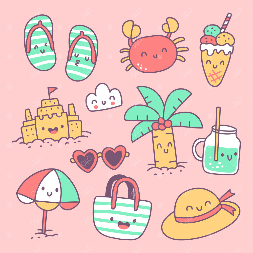 مجموعه عناصر دستی کشیده شده برای تعطیلات تابستانی