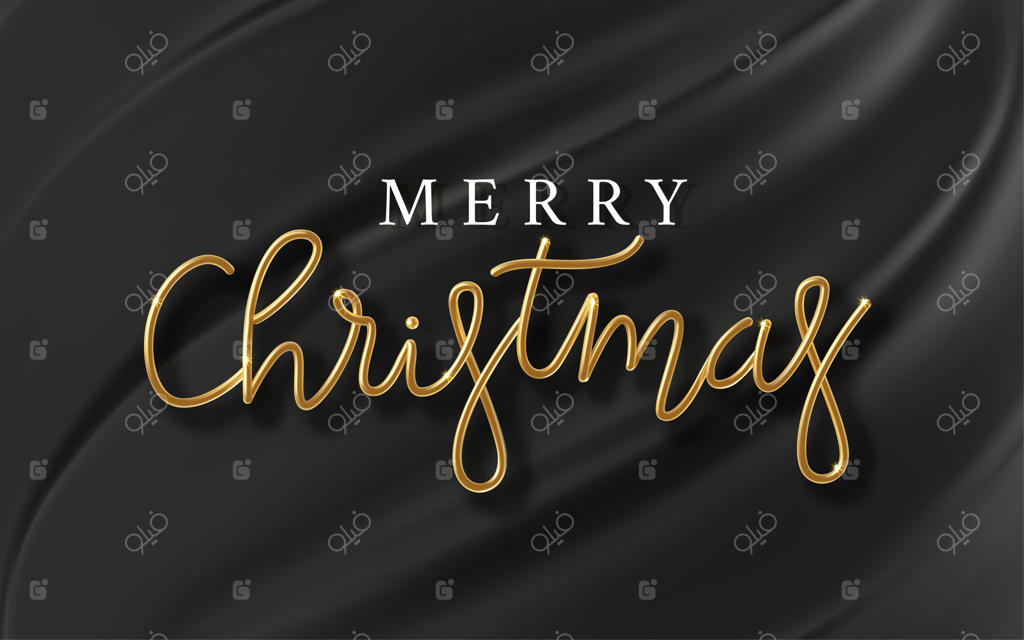 نوشته طلایی واقع‌گرایانه "کریسمس مبارک" بر روی زمینه‌ای از پارچه سیاه. متن فلزی طلایی "کریسمس" برای طراحی بنر. قالبی از بافت پارچه و فویل.