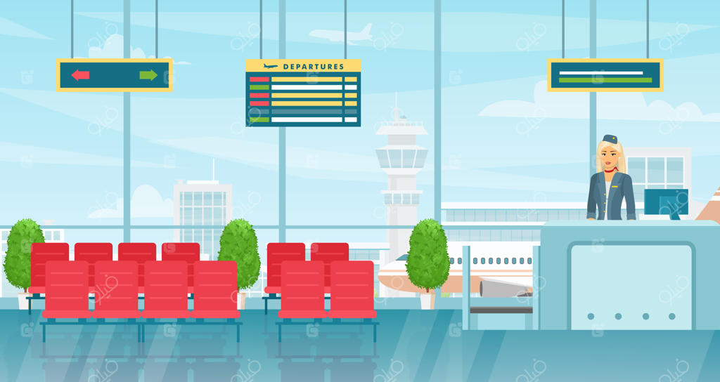 فضای داخلی سالن انتظار فرودگاه: سالن خروج با صندلی‌ها و تابلوی اطلاعات پروازها