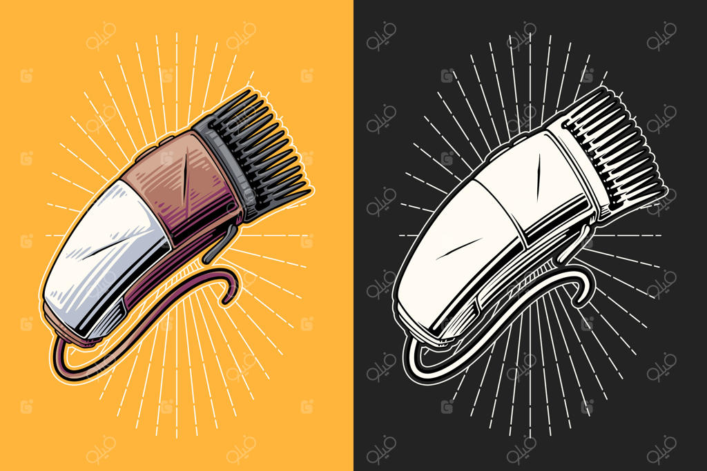 تصویرسازی ماشین اصلاح و ابزار آرایشگری، طرح تیشرت آرایشگاه مردانه، وکتور تجهیزات پیرایش مناسب برای طراحی لوگو، آیکون و نماد