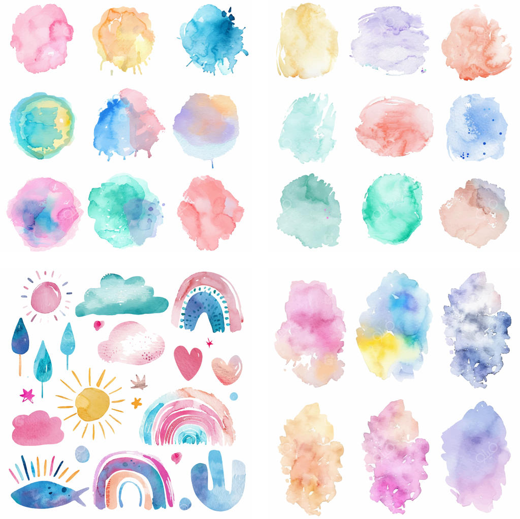 طرح خلاقانه لکه جوهر و آبرنگ با پاشش رنگ‌های پاستلی و بافت زبر