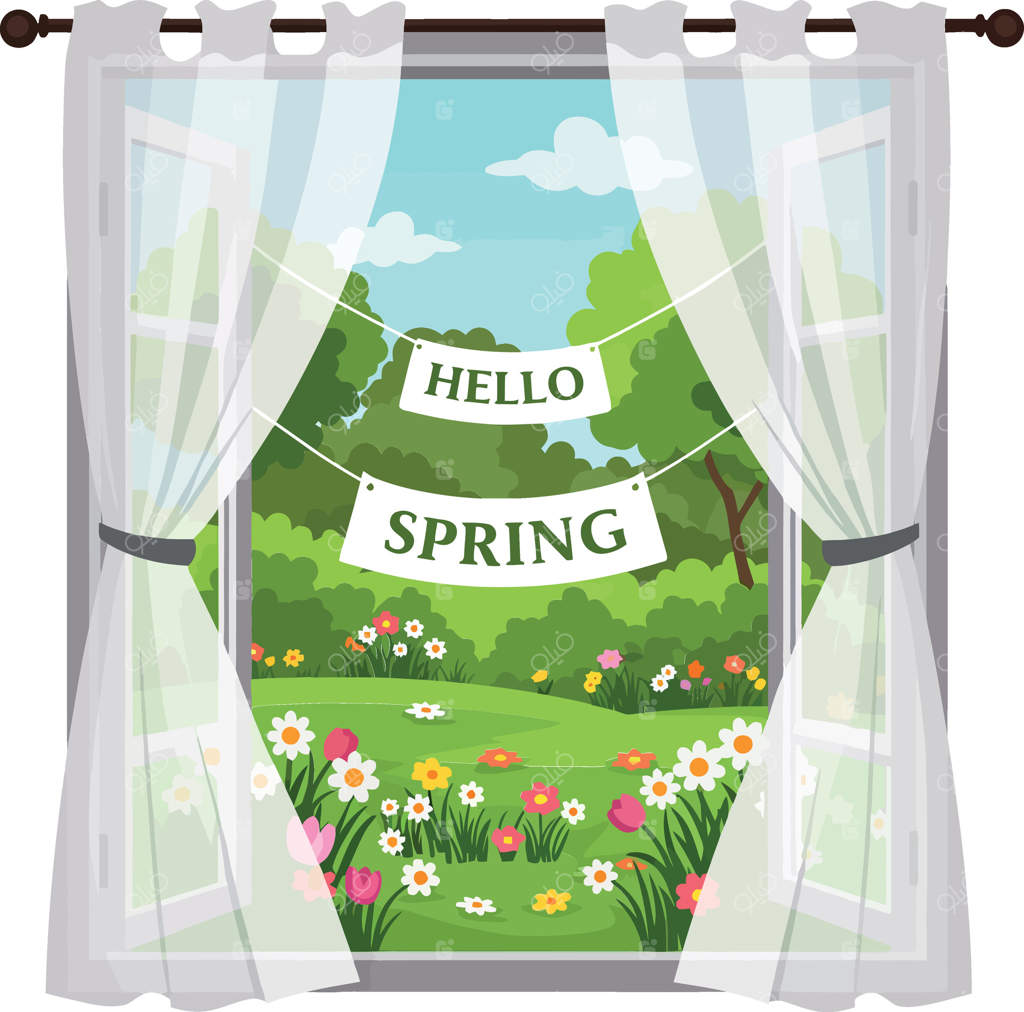 صحنه‌ای روشن از پنجره‌ای که باغی سرسبز و گلدار را نشان می‌دهد، با بنری شاداب و خوش‌آمدگوی "سلام بهار" به سبک هنری ساده