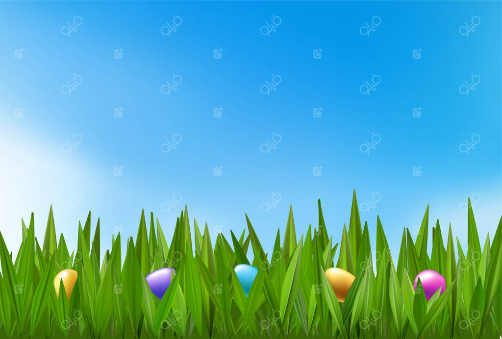 تخم‌مرغ‌های شکلاتی رنگی در چمن سبز. میدانی پر از شکلات برای شکار عید پاک. جشن بهاری کودکان. بنر سه‌بعدی با حاشیه. تبریک در باغ، مفهوم هدیه‌ی جذاب. آسمان آبی و ابری.