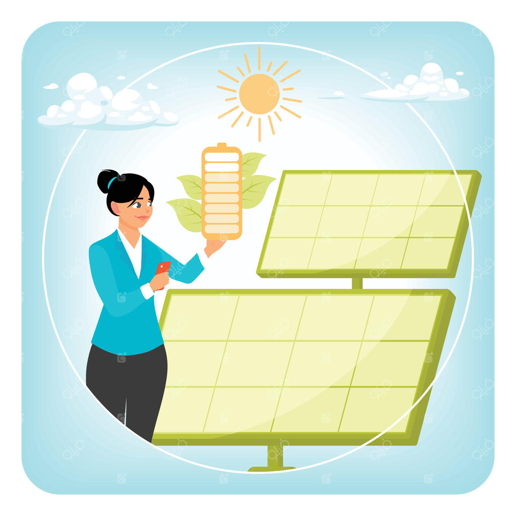 انرژی خورشیدی: استفاده از فناوری انرژی تجدیدپذیر در پنل‌های خورشیدی توسط یک زن.