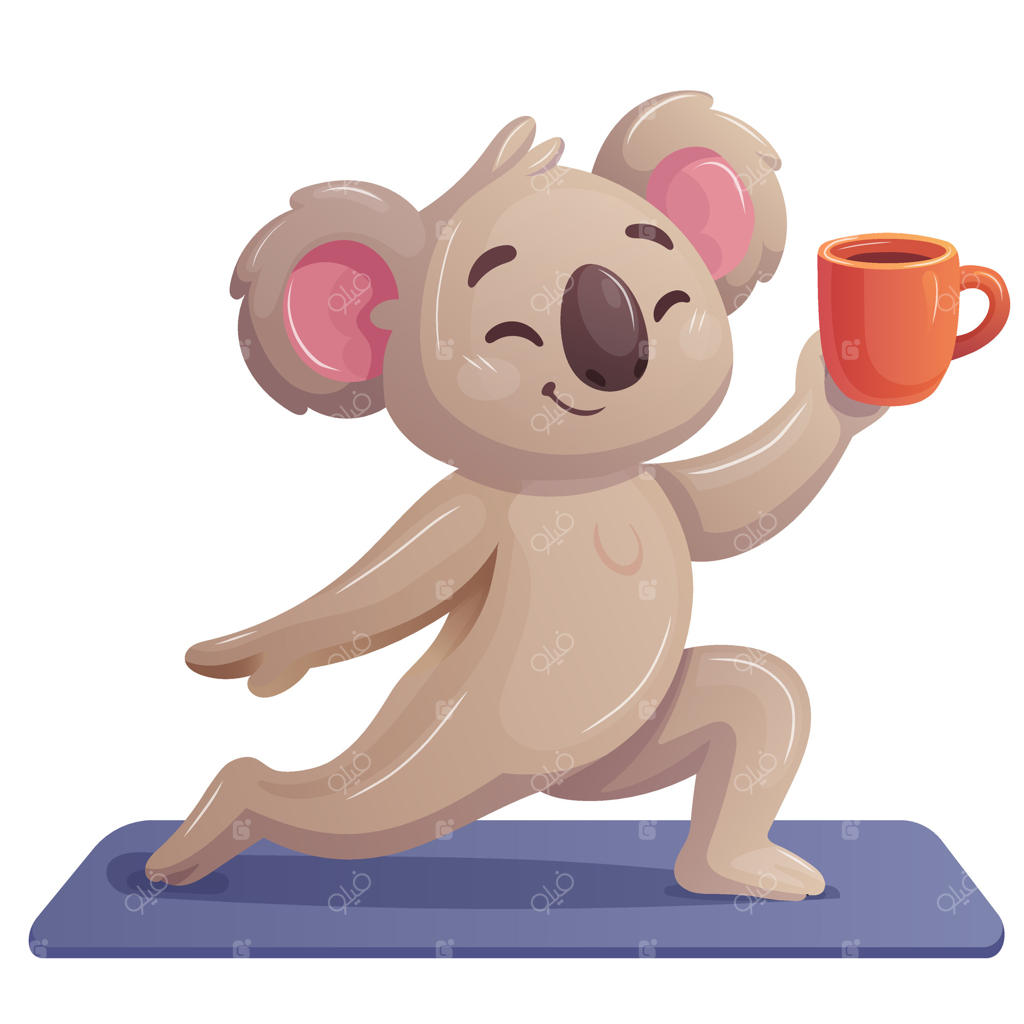 شخصیت مثبت کوالا در حالت یوگا روی مت با قهوه در دست‌ها