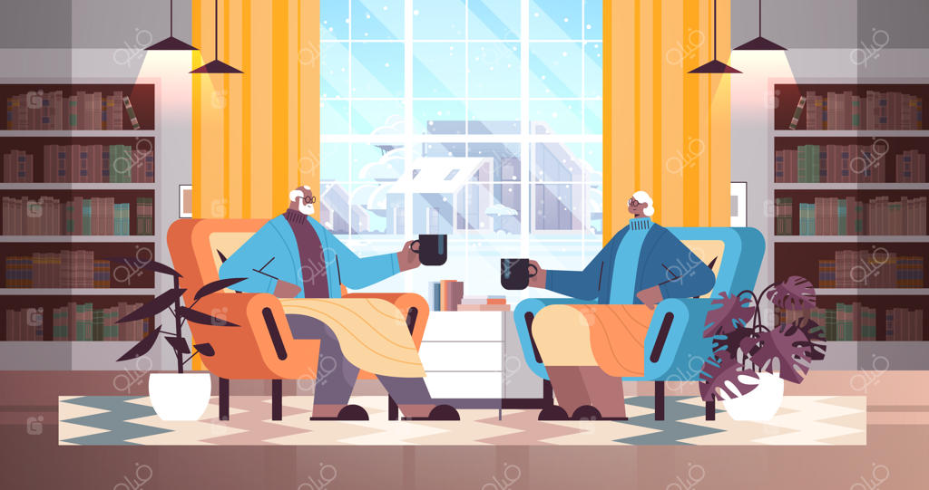 زوج سالخورده آفریقایی-آمریکایی در حال نوشیدن قهوه و گفتگو در اتاق نشیمن خانه