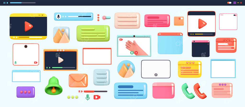 طراحی مجموعه‌ای برای اپلیکیشن‌ها و وب‌سایت‌ها: نوار پیمایش برای پلیر، قالب‌های آیکون رنگارنگ برای فریم پلیر ویدیو، اشیاء واقع‌گرایانه سه‌بعدی برای شبکه‌های اجتماعی. تصویرسازی وکتور
