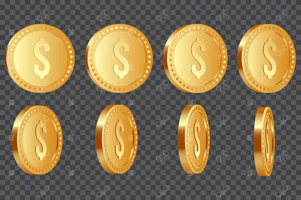 مجموعه‌ای از سکه‌های طلایی و فلزی دلار سه‌بعدی در زوایای چرخشی ۱۰ تا ۸۰ درجه
