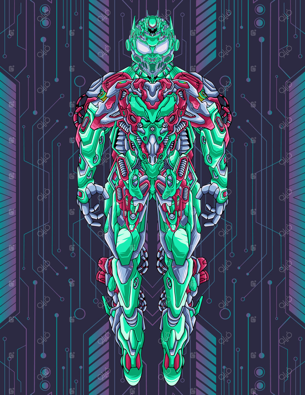 تصویر ربات جنگجوی قدرتمند با مشت‌های گره‌کرده