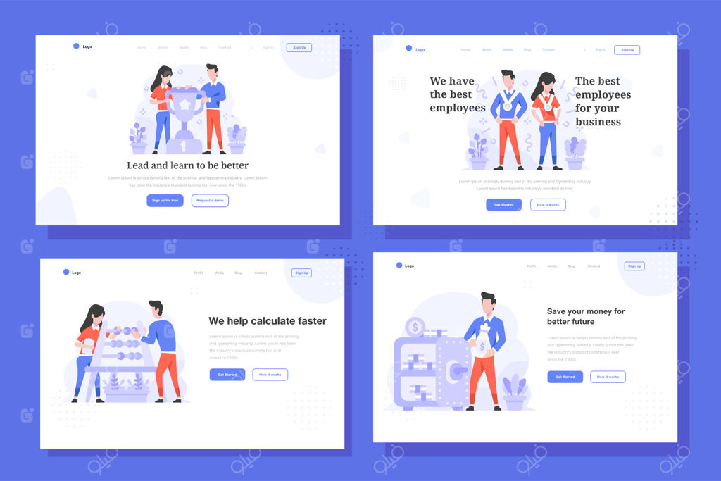 صفحه فرود با تصویرسازی سبک طراحی تخت، برنده شدن مرد و زن قهرمان با مدال، محاسبه با چرتکه و پس‌انداز پول در صندوق ودیعه