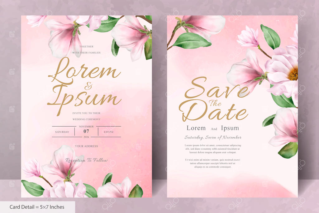 قالب کارت دعوت عروسی با طراحی شیک و گل‌های مگنولیا