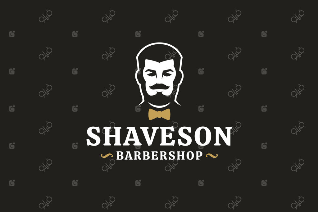 لوگوی آرایشگاه شیک مردانه با طراحی سبیل و پاپیون برای خدمات آرایشگری کلاسیک