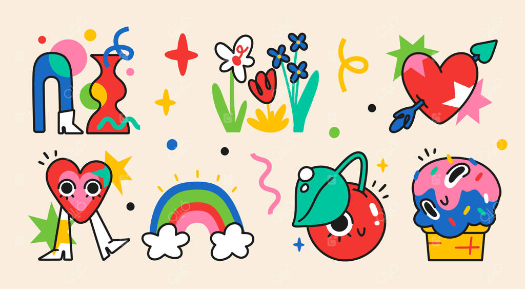 مجموعه‌ای از شخصیت‌ها و عناصر انتزاعی کمیک با اشکال و رنگ‌های زنده و جذاب