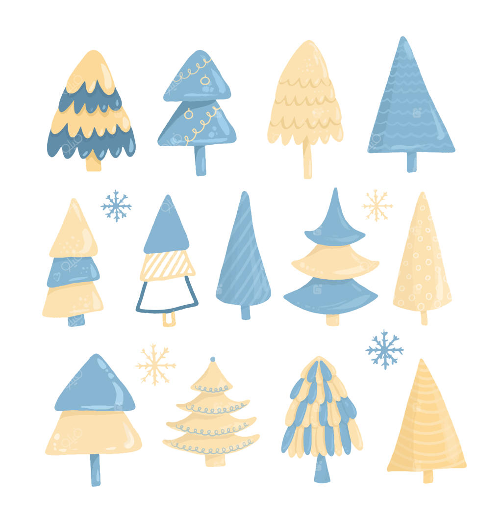 مجموعه درختان کریسمس، طراحی دستی روی زمینه سفید