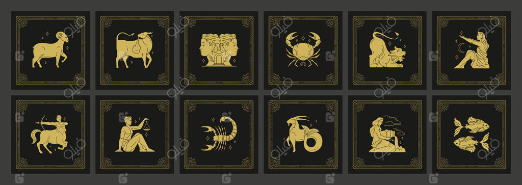 نمادهای زودیاک: طراحی کارت وینتیج با هنر خط طلایی و آرت دکو برای طالع‌بینی و فال‌گیری