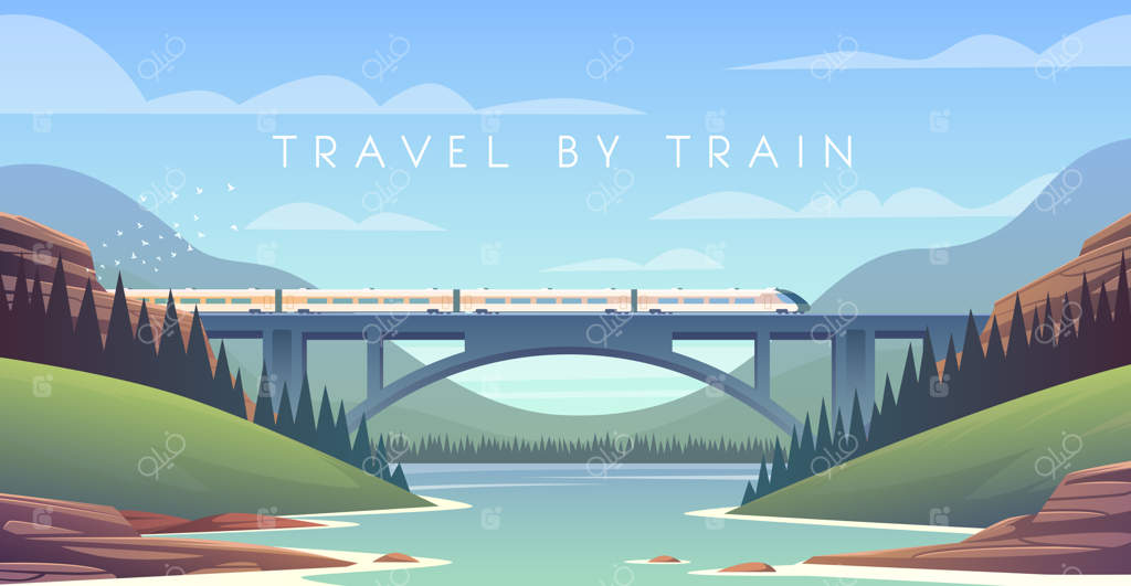 لوکوموتیو بخار، تعطیلات در مناظر کوهستانی، راه‌آهن و ماجراجویی. غروب خورشید. پلی بر فراز رودخانه.