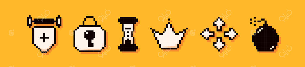 مجموعه‌ای از 6 عنصر پیکسل‌آرت: تابلو بافته شده، قفل، ساعت شنی، تاج، تیرها و بمب.