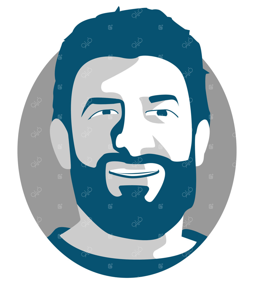 مرد ریش‌دار، تصویر وکتور مرد ریش‌دار با رنگ‌های خاکستری و آبی، مناسب برای لوگو و پوستر آرایشگاه، چاپ روی تی‌شرت و بنرها، طراحی شخصیت به سبک مینیمالیستی