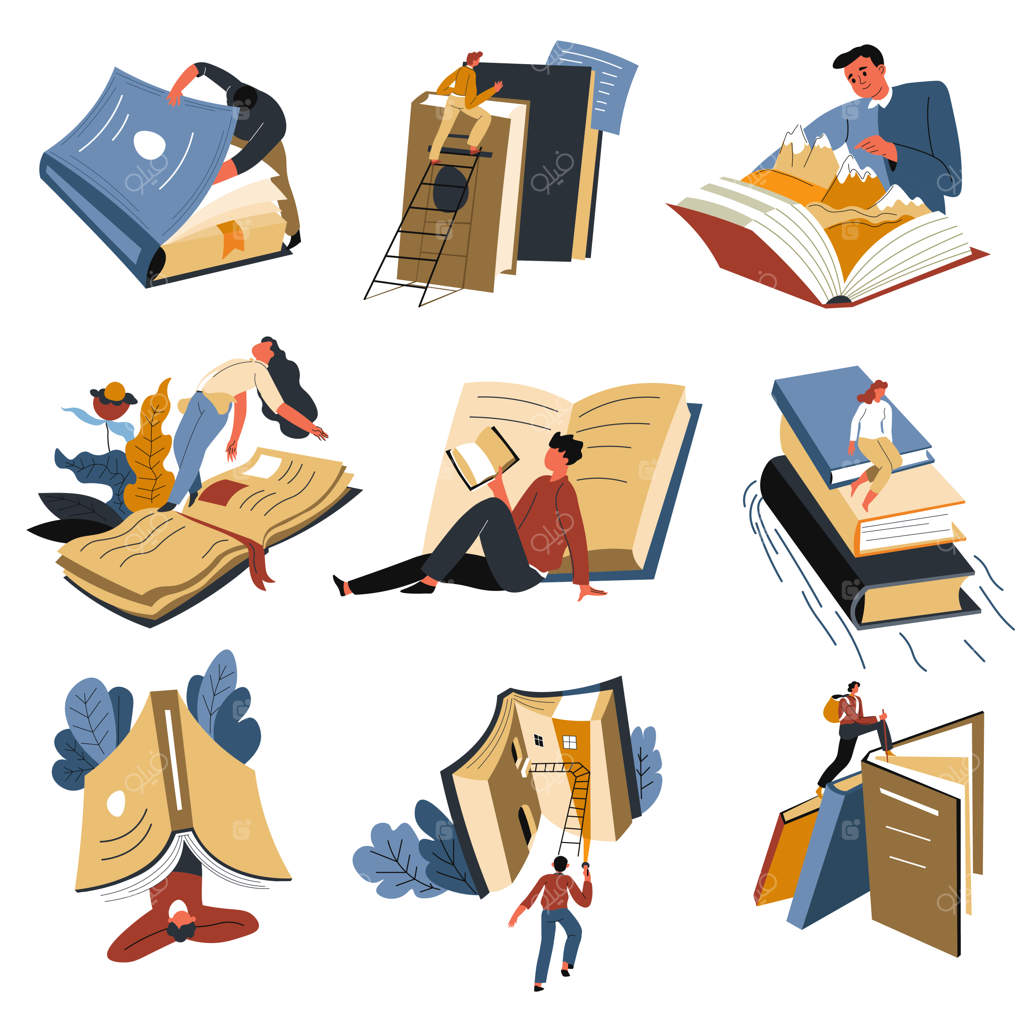 بزرگسالان و دانش‌آموزان در حال خواندن کتاب، کشف دنیاهای جدید و آشنایی با محیط اطراف خود