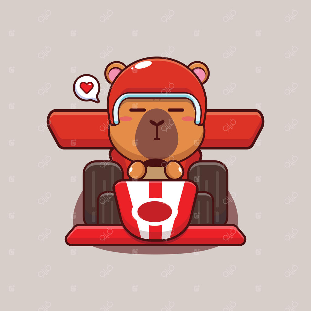 تصویر بامزه کاراکتر کارتونی کاپی‌بارا در حال رانندگی ماشین مسابقه