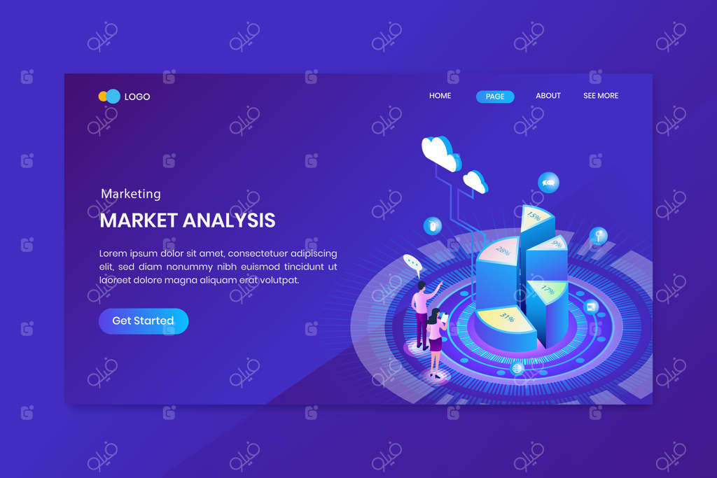 صفحه فرود اینفوگرافیک نمودار دایره‌ای بازاریابی ایزومتریک