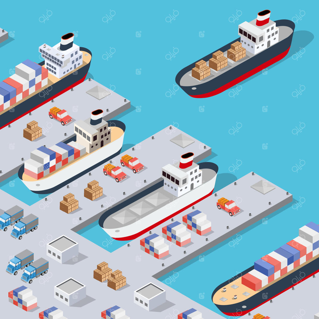 بندر صنعتی شهر ایزومتریک با قایق‌ها و کشتی‌های نظامی