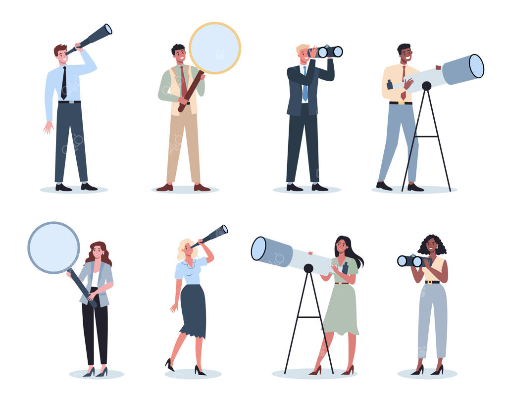 افراد تجاری با لباس رسمی اداری که دوربین تک‌چشمی، تلسکوپ و ذره‌بین در دست دارند. زن و مردی در جستجوی دیدگاه و فرصت‌های جدید. مفهوم رهبری. تصویرسازی وکتور.