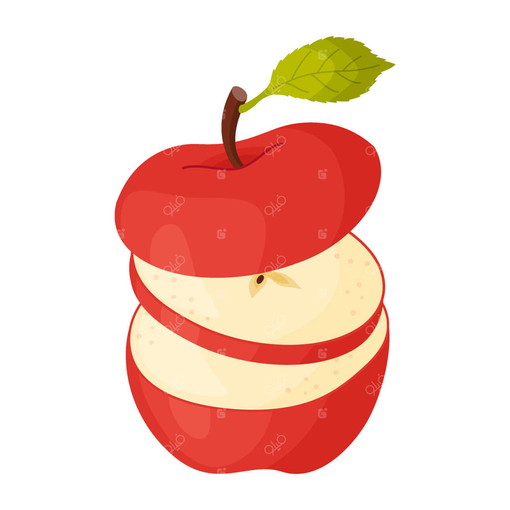 تکه‌های سیب در حال پرواز در هوا. نیمه‌های سیب قرمز و رسیده، میوه‌های تازه باغ. کلیپ‌آرت دست‌کشیده از غذا. تکه‌های میوه تازه. تصویرسازی در سبک ساده و مجزا