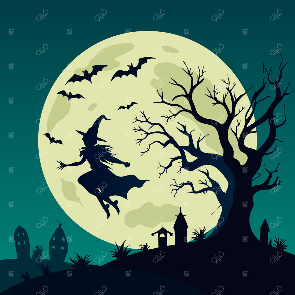 صحنه ترسناک جادوگر و گورستان در شب ماه کامل