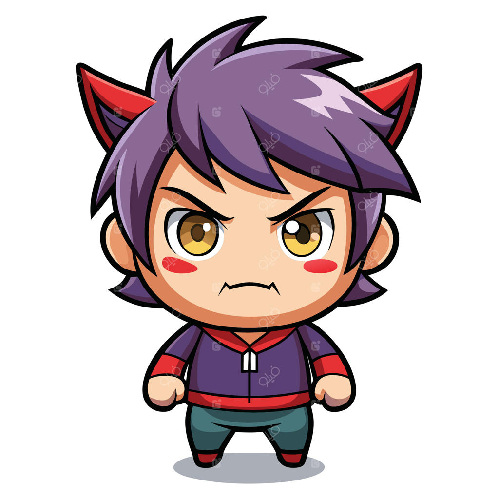 شخصیت کارتونی با موهای بنفش و چشم‌های قرمز در پس‌زمینه سفید