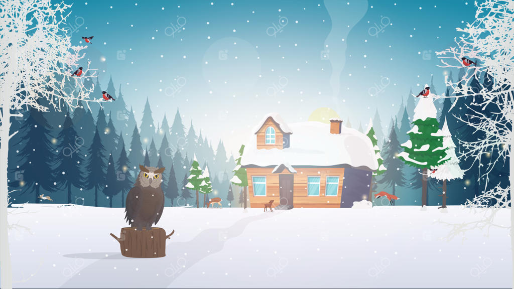 زمستان در جنگل. کلبه‌ای در جنگل برفیِ درختان سوزنی‌برگ. جنگل، درختان، کلبه، جغد، سهره.