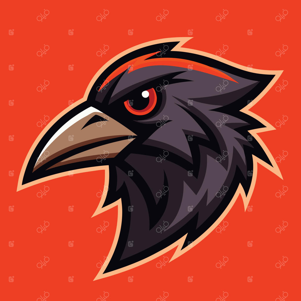 تصویر سر کلاغ سیاه وحشی با پس‌زمینه قرمز، طراحی لوگوی پرنده قدرتمند، نماد مدرن حیوان، هنر برای ورزش و برندینگ.