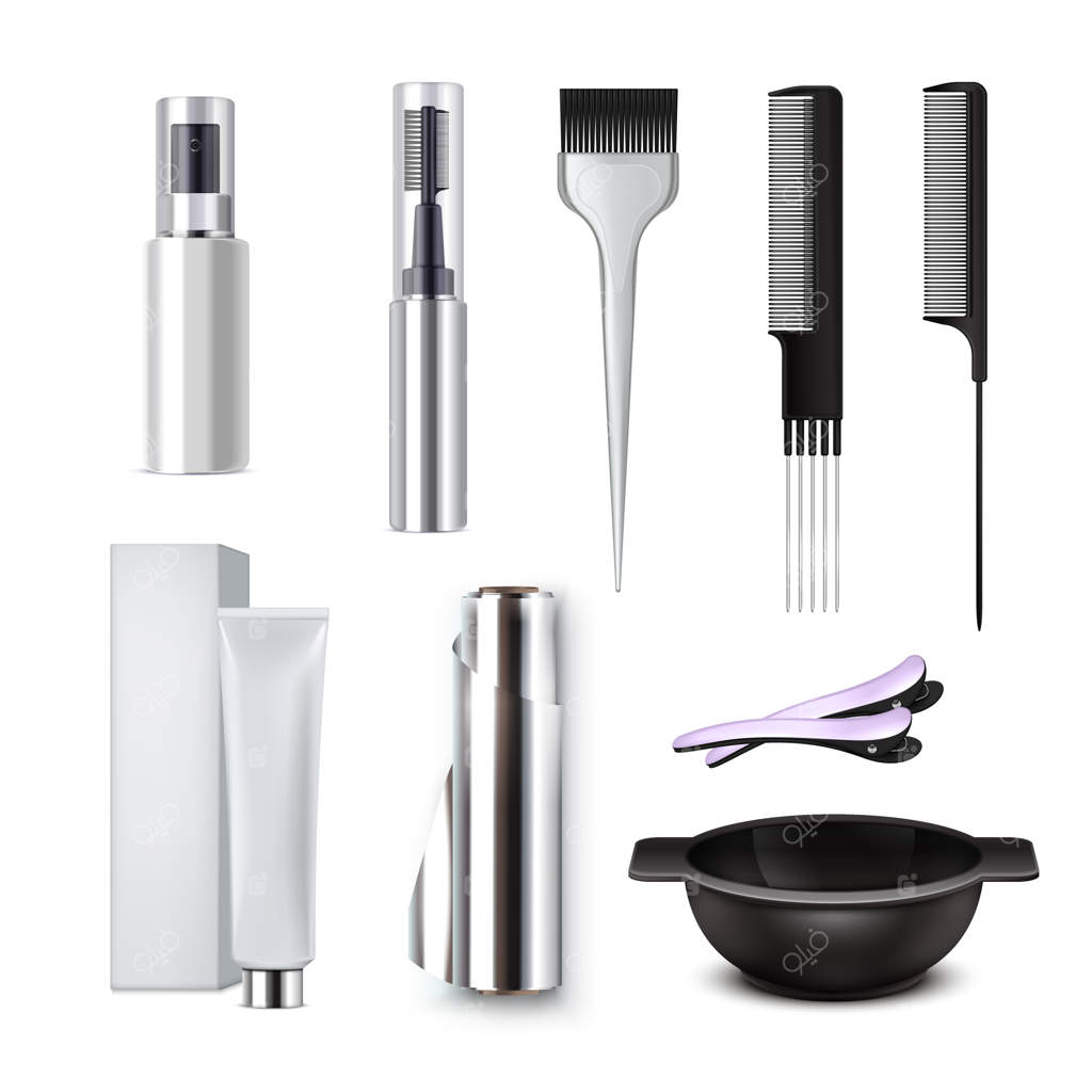 مجموعه آیکون‌های واقعی رنگ مو ابزارهای مختلف آرایشگر سیاه و سفید وکتور