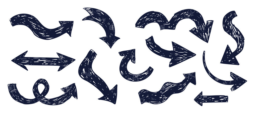 مجموعه طراحی پیکان ضخیم با مداد شمعی و گچ. طرح‌های خمیده ساده در جهت‌های مختلف. خطوط کشیده شده با مداد، ماژیک و پاستل.