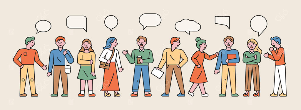 مجموعه‌ای از شخصیت‌های مردم در حال گفتگو.