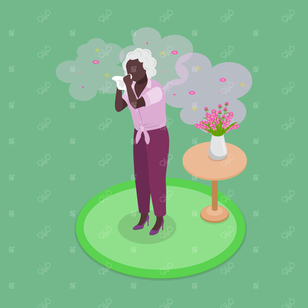 تصویر ایزومتریک سه‌بعدی از حساسیت به گرده، تجربه علائم آلرژی در فصل شکوفه‌های بهاری