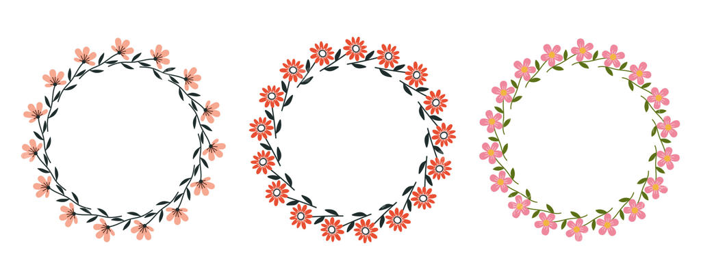 مجموعه‌ای از سه تاج گل دست‌کشیده با گل‌های صورتی و برگ‌های سبز به سبک ساده. قاب‌های گرد گیاهی مناسب برای طراحی عروسی، دعوت‌نامه‌ها، برندسازی و کارت‌های تبریک.