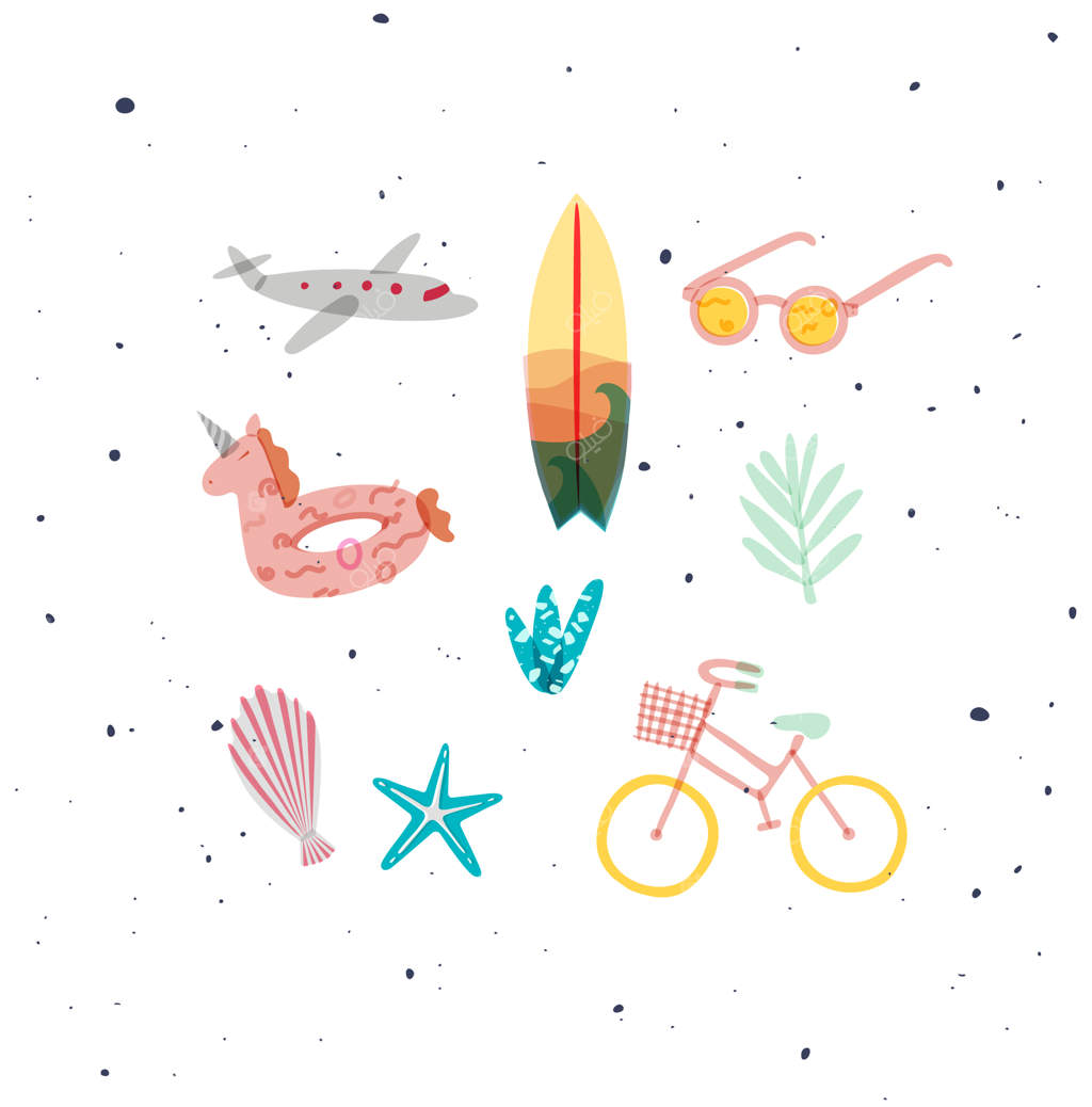 عناصر تابستانی: هواپیما، تخته موج‌سواری، عینک آفتابی، حلقه شنا، درخت، ستاره دریایی، صدف، گیاهان و دوچرخه.