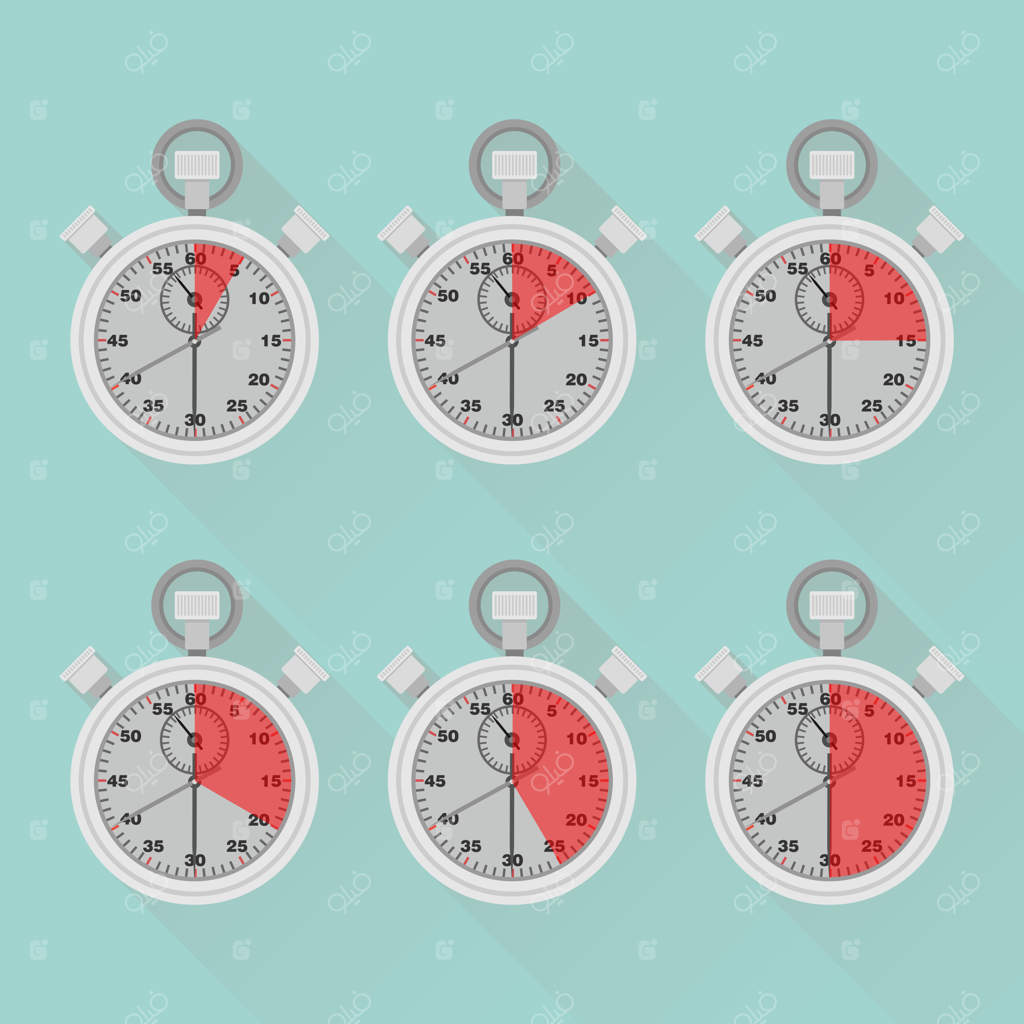 مجموعه‌ای از تایمر، کرنومتر و ساعت. برچسب زمان‌بندی پخت و پز.