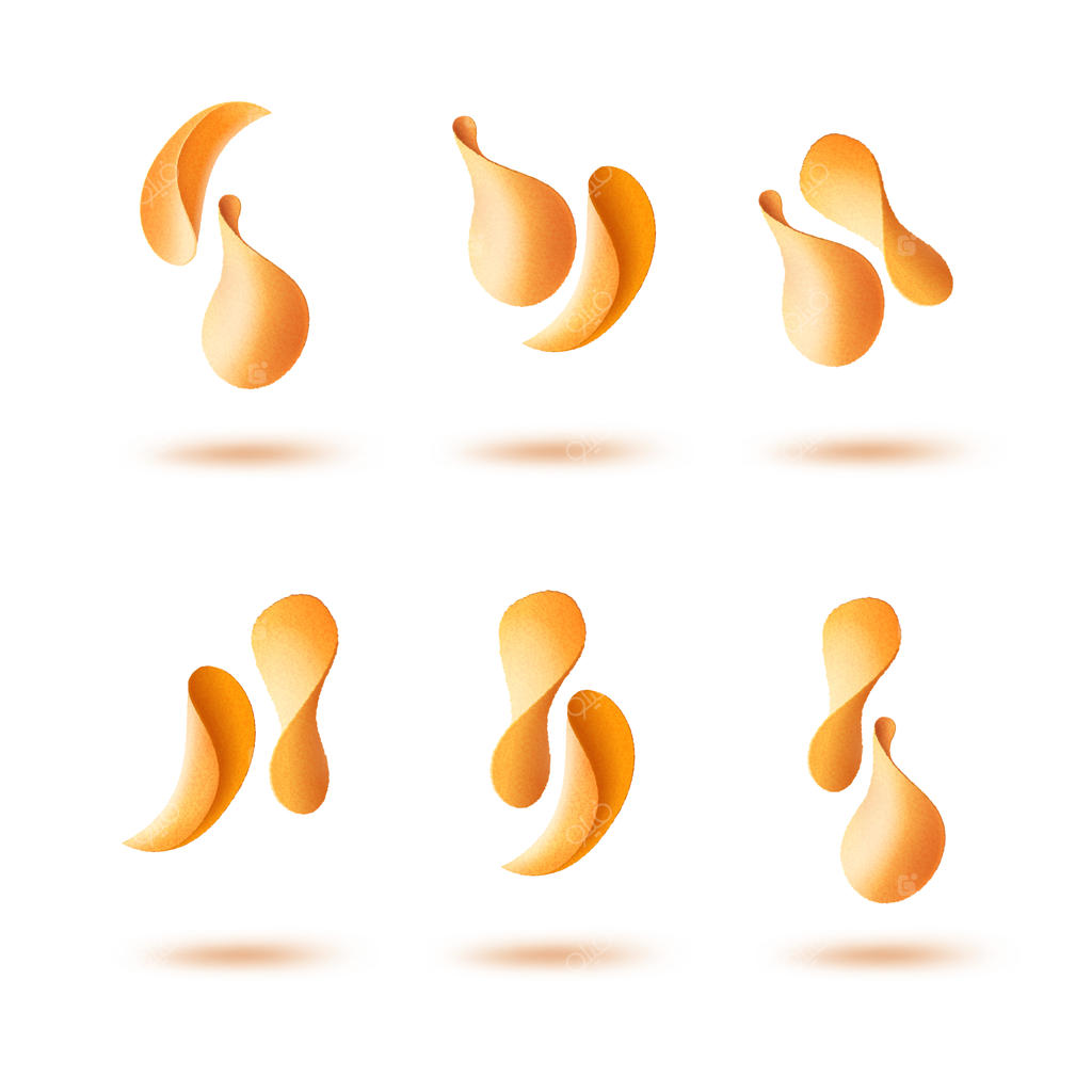 مجموعه‌ای از چیپس‌های سیب‌زمینی ترد در حال افتادن از نزدیک