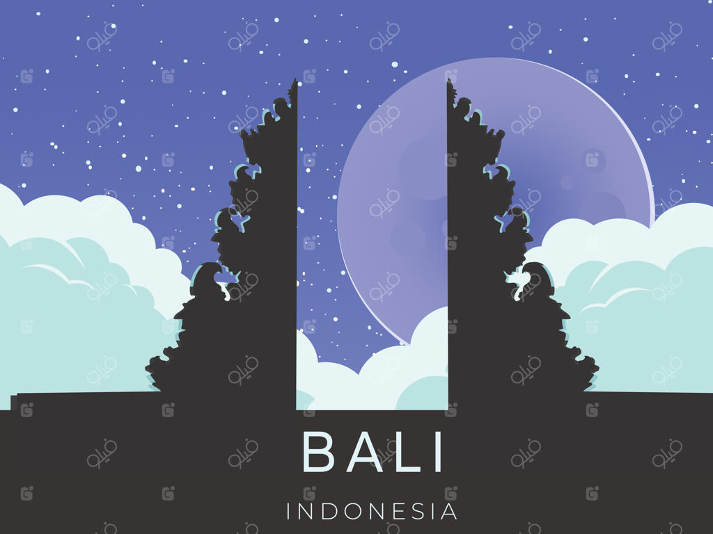 زمینه معبد بالی و کارت گردشگری و سفر: یک تصویرسازی