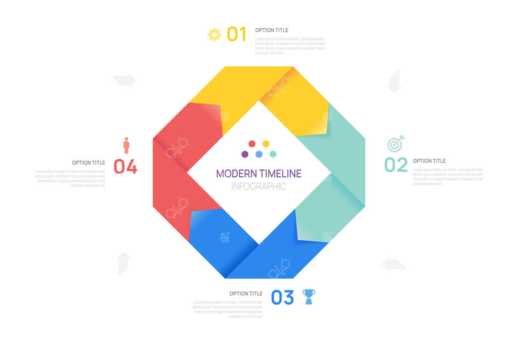 ارائه داده‌های بصری: گزینه‌های مرحله‌ای نمودار چرخه‌ای و قالب اینفوگرافیک مربع‌ شکل پای فلش‌دار.