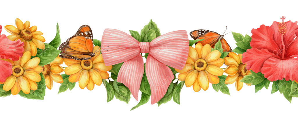 چیدمان گل‌های رنگارنگ با پروانه‌ها و روبان