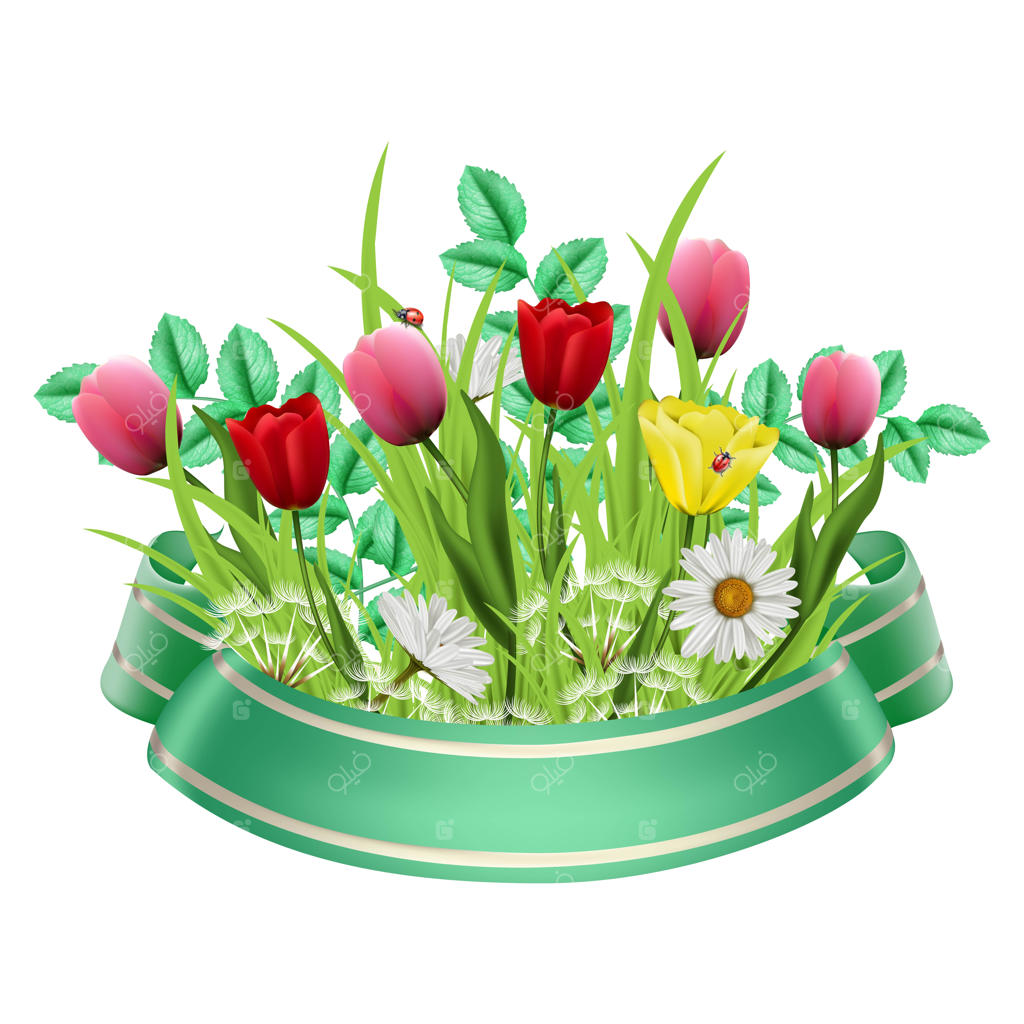 دسته‌گل بهاری سه‌بعدی و واقع‌گرایانه با گل‌های رنگارنگ لاله و بابونه، با روبان سبز.