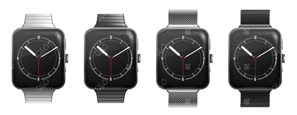 مجموعه‌ای از ساعت‌های هوشمند با صفحه‌نمایش مشکی و بندهای فلزی متنوع - تصویر واقع‌گرایانه وکتور